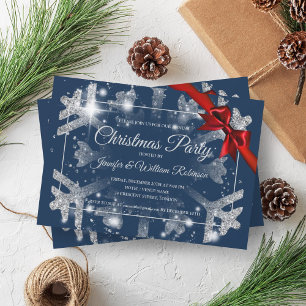 Luxe Silver Glitter Xmas Holiday Red Ribbon Navy  Invitation