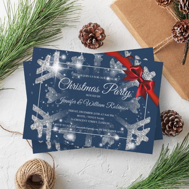 Luxe Silver Glitter Xmas Holiday Red Ribbon Navy  Invitation (Luxe Silver Glitter Xmas Holiday Red Ribbon Navy Invitation)