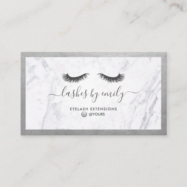 Luxe Silver & Marble Eyelash Beauty Specialist Business Card (Front)