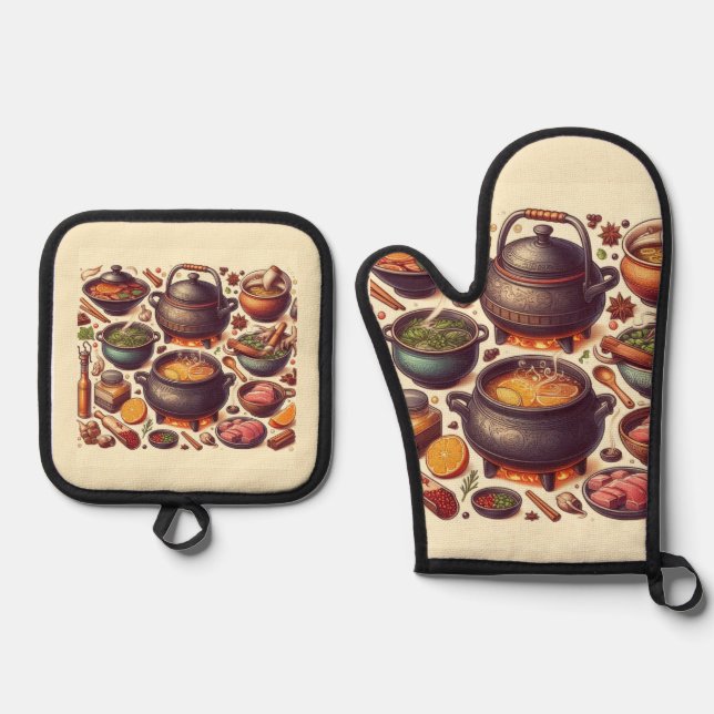 Luxe Silver Oven Mitt with "CAMADO" Design Oven Mitt & Pot Holder Set (Front)