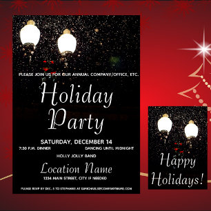Luxe Snow Lights Black White Company Holiday Party Invitation