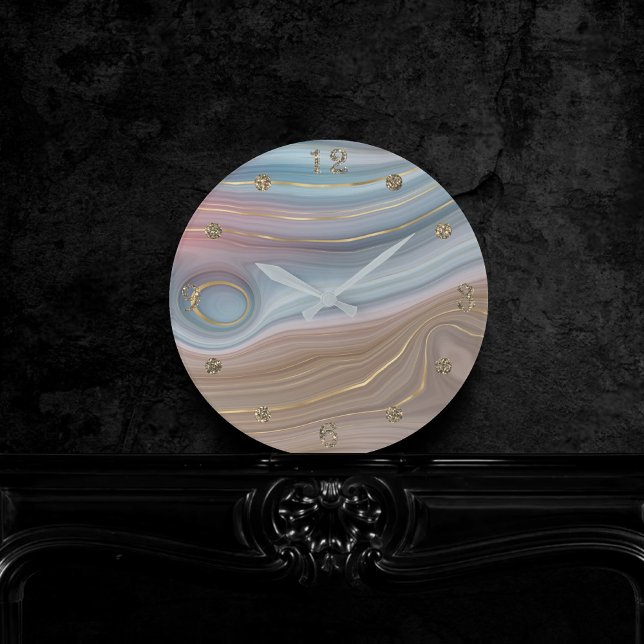 Luxe Strata | Dusty Slate Blue Taupe Pink Agate Round Clock (Creator Uploaded)