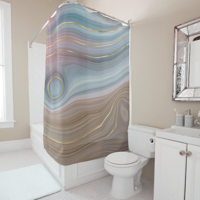 Luxe Strata | Dusty Slate Blue Taupe Pink Agate Shower Curtain (In Situ)