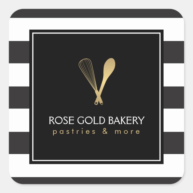 Luxe Striped Gold Whisk Spoon Logo Bakery, Chef Square Sticker (Front)