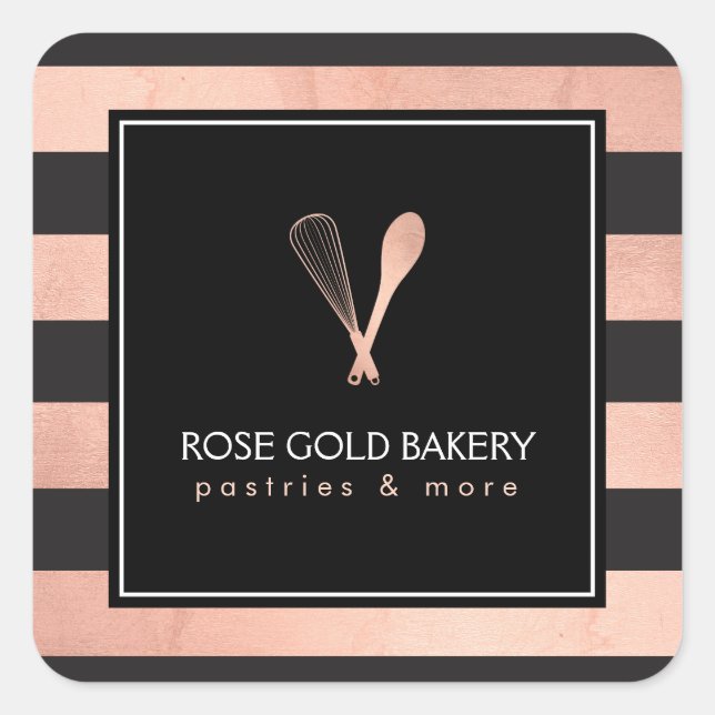 Luxe Striped Rose Gold Whisk Spoon Logo Bakery II Square Sticker (Front)