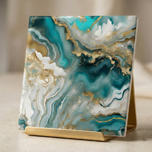 Luxe Teal Turquoise & Gold Agate Marble Fluid Art Ceramic Tile