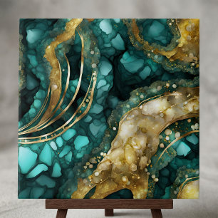 Luxe Teal Turquoise Liquid Gold Marble Agate Geode Ceramic Tile