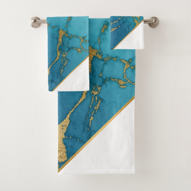 LUXE TEAL WHITE MARBLE GOLD BATH TOWEL SET (Insitu)