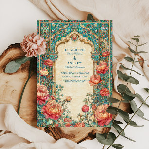 Luxe Turquoise and Golden Rose Wedding Invitation
