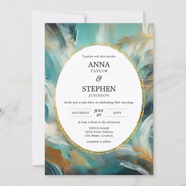 Luxe Turquoise Gold Brushstroke Wedding Invitation (Front)