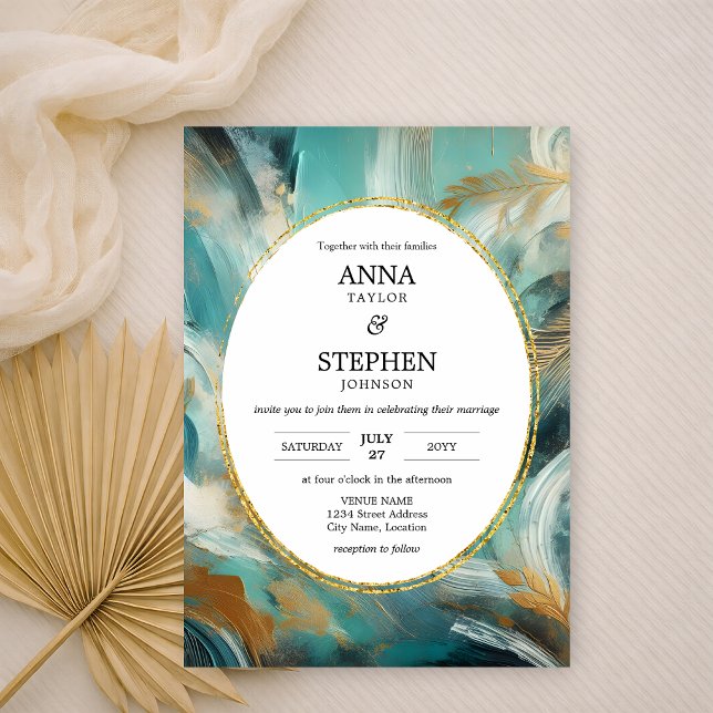 Luxe Turquoise Gold Brushstroke Wedding Invitation (Creator Uploaded)