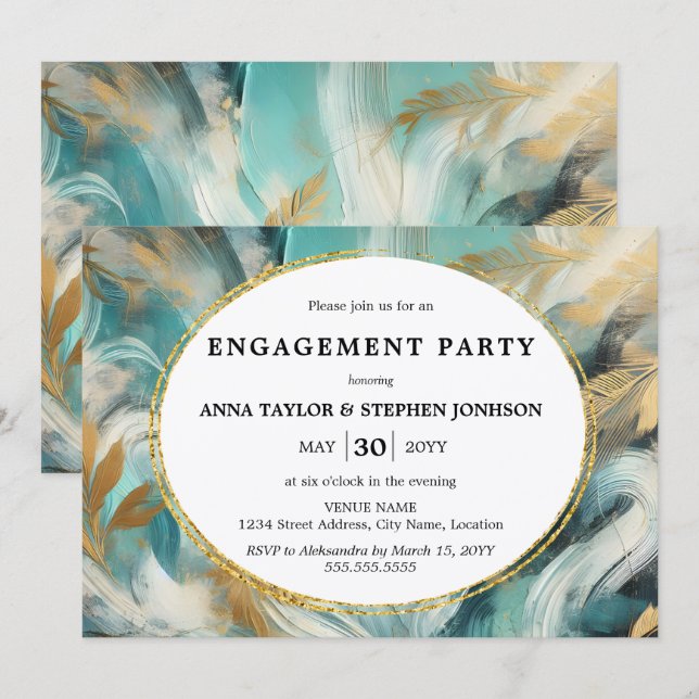 Luxe Turquoise Gold Brushstrokes Engagement Party Invitation (Front/Back)