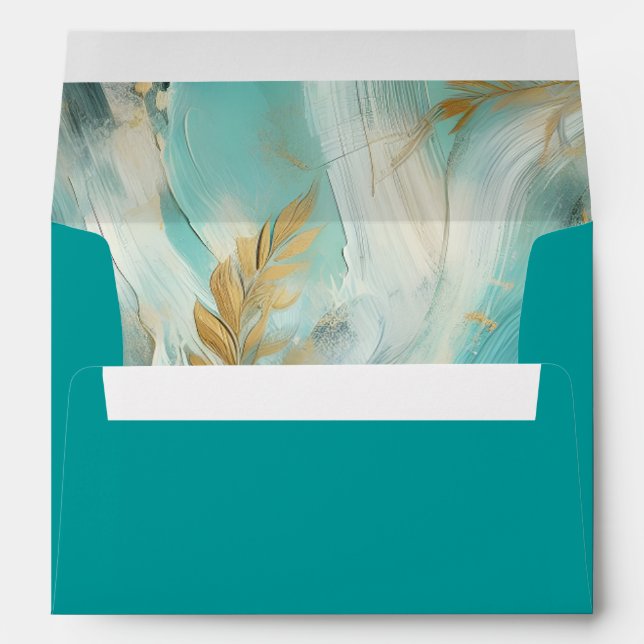 Luxe Turquoise Gold Brushstrokes Envelope (Back (Bottom))