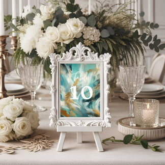 Luxe Turquoise Gold Brushstrokes Table Number
