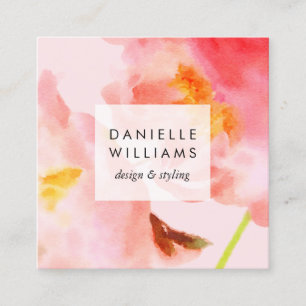 Luxe Watercolor Pink Florals Square Business Card