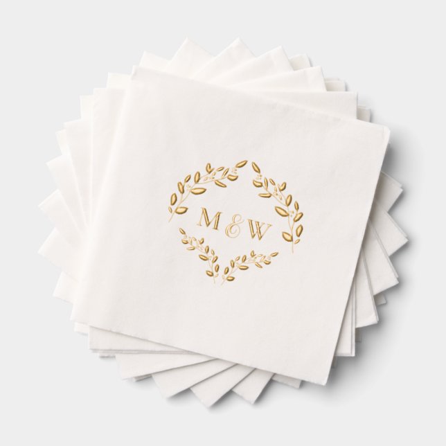 Luxe Wedding Gold foil leaf Monogram Crest Napkins (Insitu (Stacked))