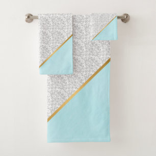 LUXE WHITE BLUE VINTAGE FLORAL GOLD BATH TOWEL SET