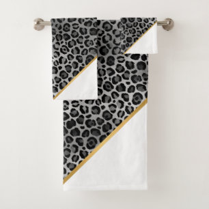 LUXE WHITE GREY LEOPARD GOLD BATH TOWEL SET