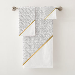 LUXE WHITE GREY VINTAGE FLORAL GOLD BATH TOWEL SET