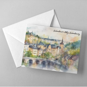 Luxembourg City Watercolor Painting Panorama View Postcard