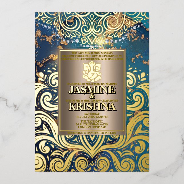 LuxGlitter Blue Gold Hindu Ganesha Indian Wedding (Front)