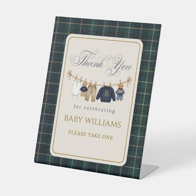 Luxsary  Bear Plaid Baby Shower Favors Pedestal Sign (Front)
