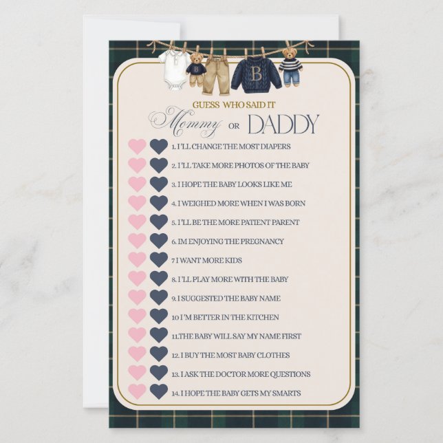 Luxsary Teddy Bear Plaid Baby Shower Game (Front)