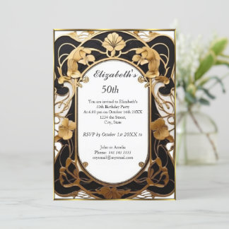 Luxurious 50th Birthday Party Black white gold Invitation