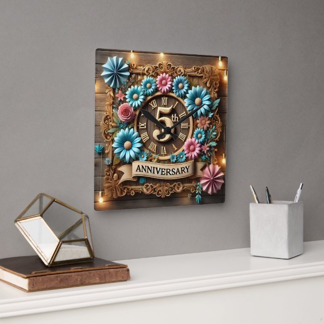 Luxurious 5th Wedding Anniversary Square Wall Clock (Office)