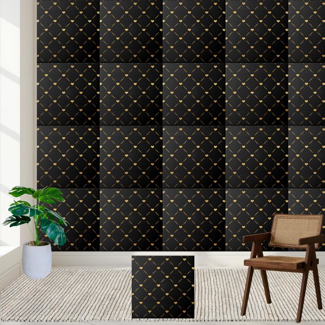 Luxurious and Elegant Black and Gold Hearts Tile (Luxurious and Elegant Black and Gold Hearts Tile)