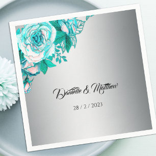 Luxurious Aqua Roses on Silver Elegant Wedding Napkin
