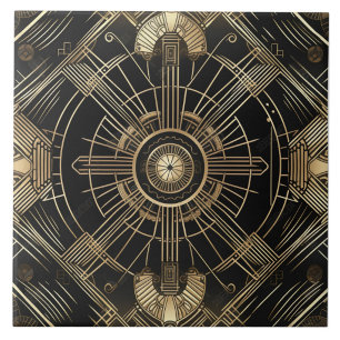 Luxurious Art Deco, Black and Gold, Geometry Ceramic Tile
