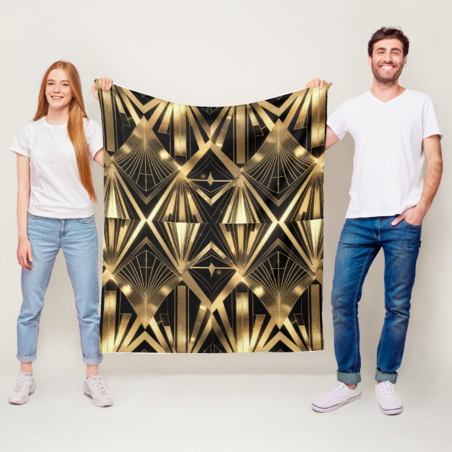 Luxurious Art Deco Geometric Gold and Black  Fleece Blanket (In Situ)