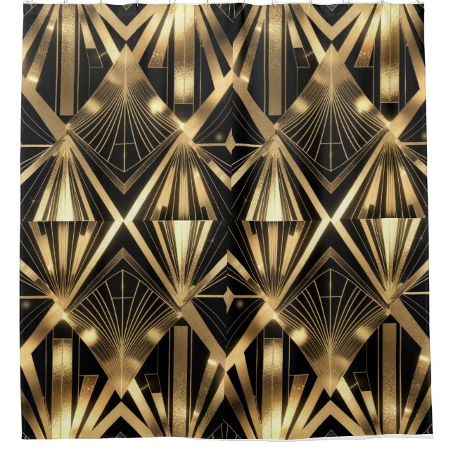 Luxurious Art Deco Geometric Gold and Black Shower Curtain (Front)