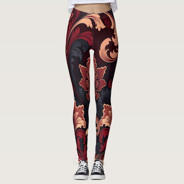 Luxurious Baroque Floral Swirl Pattern Design Leggings (Front)