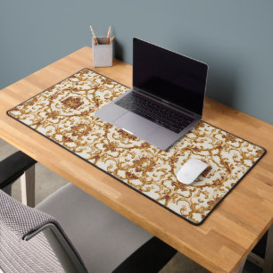 Luxurious Baroque Gold Ornament on Ivory Desk Mat