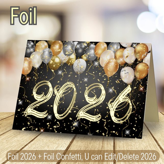 Luxurious Black and Gold Confetti Balloon New Year Foil Holiday Card (Creator Uploaded)