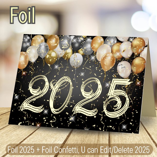 Luxurious Black and Gold Confetti Balloon New Year Foil Holiday Card (Creator Uploaded)