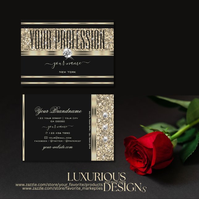 Luxurious Black and Gold Glitter Stars Diamonds Business Card (Creator Uploaded)