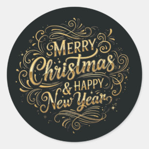 Luxurious Black and Gold Merry Christmas Script  Classic Round Sticker