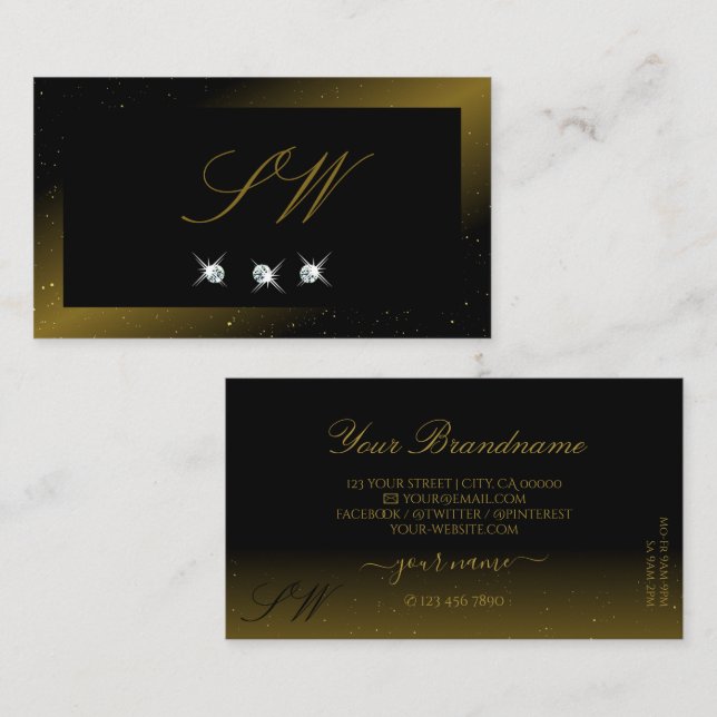 Luxurious Black and Gold Sparkling Jewels Monogram Business Card (Front/Back)