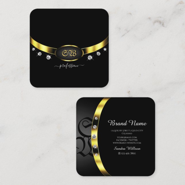 Luxurious Black and Gold with Monogram Diamonds Square Business Card (Front/Back)