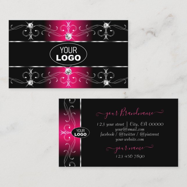 Luxurious Black and Pink Ornate Borders with Logo Business Card (Front/Back)