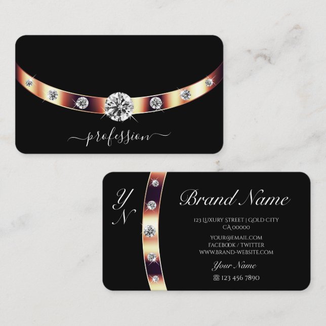 Luxurious Black and Rose Gold with Initials Modern Business Card (Front/Back)