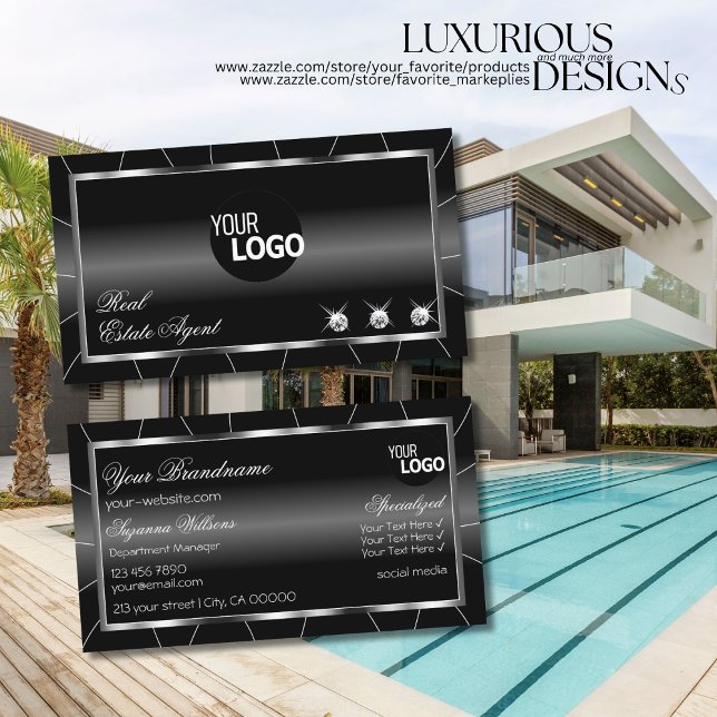 Luxurious Black and White with Diamonds & Logo Business Card (Creator Uploaded)