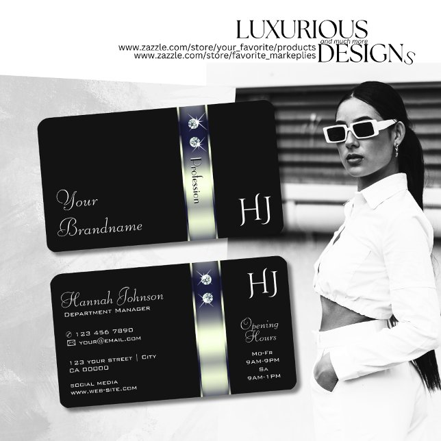 Luxurious Black Blue Silver Decor Jewels Monogram Business Card (Creator Uploaded)