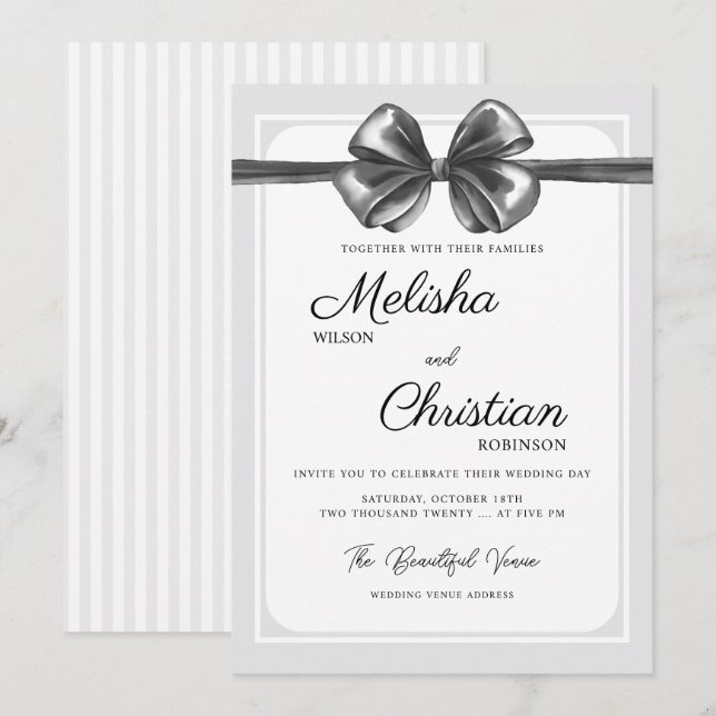 Luxurious Black Bow Wedding Invitation. Invitation (Front/Back)