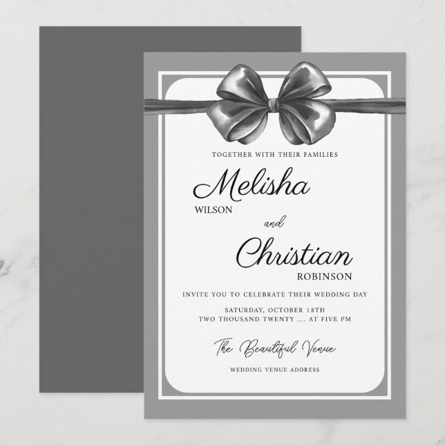 Luxurious Black Bow Wedding Invitation. Invitation (Front/Back)