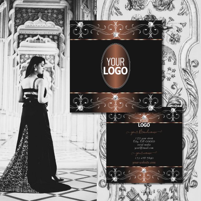 Luxurious Black Brown Ornate Ornaments with Logo Square Business Card (Creator Uploaded)