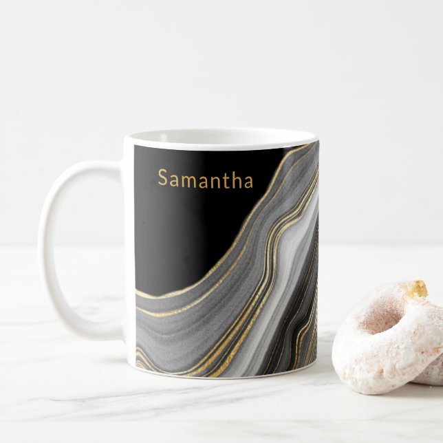 Luxurious Black, Gold and Gray Monogrammed Agate Coffee Mug (With Donut)